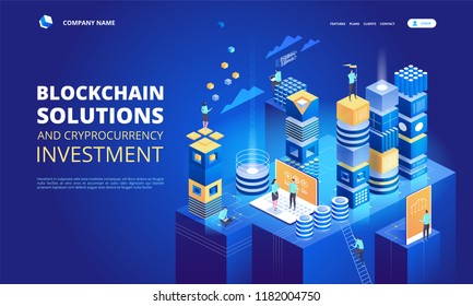 Cryptocurrency and blockchain isometric composition. Platform creation of digital currency. Web business, analytics and management. Vector illustration