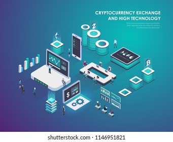 Cryptocurrency and blockchain isometric composition, virtual augmented reality concept with business people. Smart city technology. Landing page template. Isometric vector illustration.