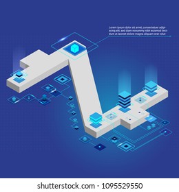 Cryptocurrency and blockchain isometric composition with zcash symbol, computer chips, lighting effects. Vector illustration