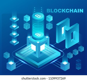 Cryptocurrency and blockchain isometric concept. Data powered center, cloud data storage. Web design, presentation banner.