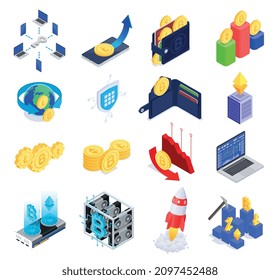 Cryptocurrency blockchain iconos isométricos establecidos con monedas de cartera electrónica de la granja minera precio caída y aumento aislado en fondo blanco Ilustración vectorial 3d