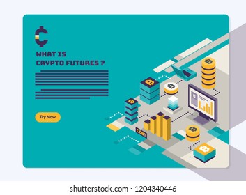 Cryptocurrency and Blockchain landing page. hero image illustration in flat and boxy style