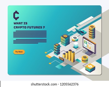 Cryptocurrency and Blockchain landing page. hero image illustration in flat and boxy style