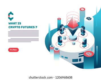 Cryptocurrency and Blockchain landing page. hero image illustration in flat and boxy style