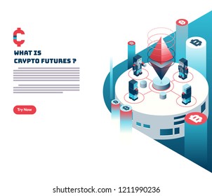 Cryptocurrency and Blockchain landing page triangle shape. hero image illustration in flat and boxy style