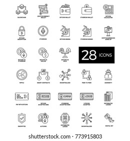 Cryptocurrency and blockchain line icons. Crypto icon set featuring bitcoin, wallet, ethereum, mining, distributed ledger technology, p2p, altcoins, encryption, smart contracts, decentralized vectors