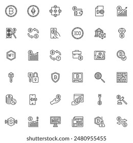 Cryptocurrency and Blockchain line icons set. linear style symbols collection, outline signs pack. Cryptocurrency vector graphics. Set includes icons as Bitcoin coin, Ethereum, Crypto Exchange Money