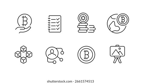 Conjunto de iconos de línea de criptomonedas y blockchain: finanzas, dinero digital, símbolos de tecnología