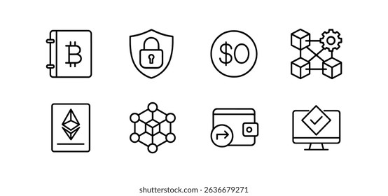 Cryptocurrency, blockchain linear icon set. digital currency, network, security icons