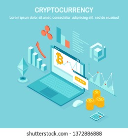 Cryptocurrency and blockchain. Mining bitcoins. Digital payment with virtual money, finance. 3d isometric computer, laptop with coin, token. Vector design for banner
