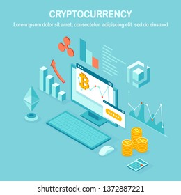 Cryptocurrency and blockchain. Mining bitcoins. Digital payment with virtual money, finance. 3d isometric computer, laptop with coin, token. Vector design for banner