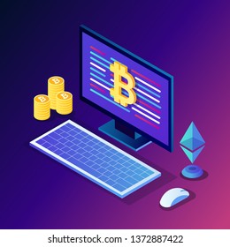 Cryptocurrency and blockchain. Mining bitcoins. Digital payment with virtual money, finance. 3d isometric computer, laptop with coin, token. Vector design for banner
