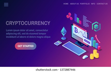 Cryptocurrency and blockchain. Mining bitcoins. Digital payment with virtual money, finance. 3d isometric computer, laptop with coin, token. Vector design for banner