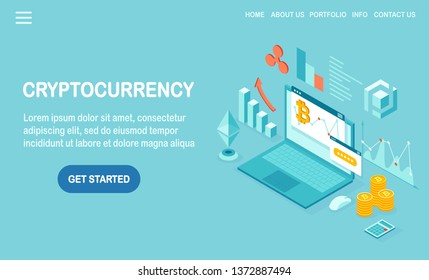 Cryptocurrency and blockchain. Mining bitcoins. Digital payment with virtual money, finance. 3d isometric computer, laptop with coin, token. Vector design for banner