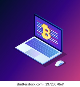Cryptocurrency and blockchain. Mining bitcoins. Digital payment with virtual money, finance. 3d isometric computer, laptop with coin, token. Vector design for banner