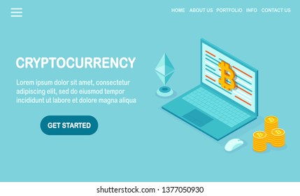 Cryptocurrency and blockchain. Mining bitcoins. Digital payment with virtual money, finance. 3d isometric computer, laptop with coin, token. Vector design for banner