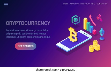Cryptocurrency and blockchain. Mining bitcoins. Digital payment with virtual money, finance. 3d isometric mobile phone, smartphone with coin, token. Vector design for banner