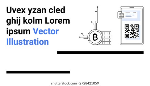 Criptomoneda, blockchain, pagos móviles, billeteras digitales, tecnología financiera, moneda virtual. Bitcoin conectado a blockchain y código QR en la pantalla del teléfono inteligente. Criptomonedas y blockchain