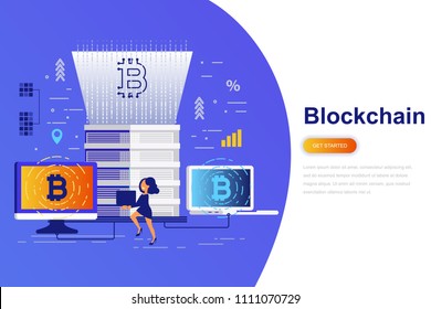 Cryptocurrency and blockchain modern flat concept web banner with decorated small people character. Landing page template. Conceptual vector illustration for web and graphic design.