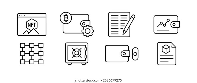 Cryptocurrency and blockchain outline icon set. wallet, nft, bitcoin symbols