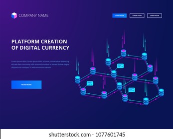 Cryptocurrency and blockchain. Platform creation of digital currency. Web business, analytics and management. Vector illustration 