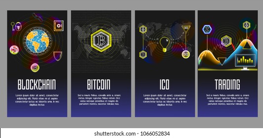 Cryptocurrency and blockchain poster, banner set. Vector glowing neon light illustration. Blockchain, Bitcoin, Ico and Trading concept design elements.