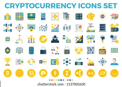 Cryptocurrency and Blockchain Related Flat Icons. Crypto Icon Set Featuring Bitcoin, Wallet, Mining, Distributed Ledger Technology, P2P, Altcoins, Encryption, Smart Contracts, Decentralized Vectors svg