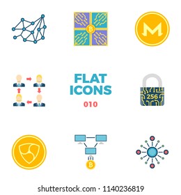 Cryptocurrency and Blockchain Related Flat Icons. Crypto Icon Set. Peer to Peer, Mining Pool, Decentralization, Invest Trust, SHA 256, Distribution Network, NEM, Monero. Isolated on White Background.