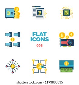 Cryptocurrency and Blockchain Related Flat Icons. Crypto Icon Set. Bitcoin Storage, White Paper, CPU, Mining Pool, GPU Mining, Decentralization, Multi Signature, Withdraw. Isolated on White Background