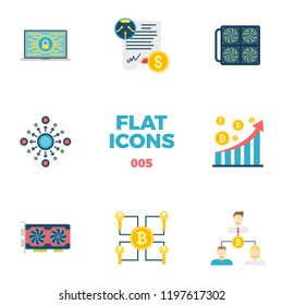 Cryptocurrency and Blockchain Related Flat Icons. Crypto Icon Set. Featuring Security, Smart Contract, Mining Farm, Decentralization, Analysis, Video Card, Multi Signature, Double Spending.