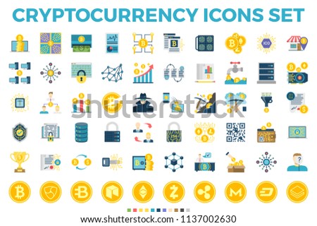 Cryptocurrency and Blockchain Related Flat Icons. Crypto Icon Set Featuring Bitcoin, Wallet, Mining, Distributed Ledger Technology, P2P, Altcoins, Encryption, Smart Contracts, Decentralized Vectors