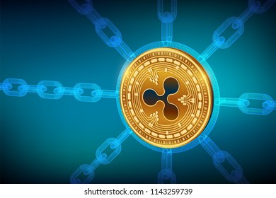 Cryptocurrency. Blockchain. Ripple. 3D isometric Physical Ripple coin with wireframe chain. Block chain concept. Editable template. Stock vector illustration.