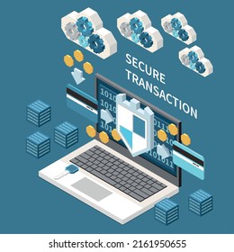 Cryptocurrency blockchain secure transaction isometric composition with laptop shield digital money 3d vector illustration