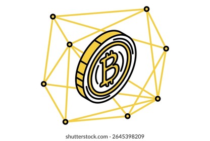Criptomoeda e blockchain ícone de desenho de linha simples, ilustração isométrica de finanças digitais e sistema descentralizado, Ilustração Vetor