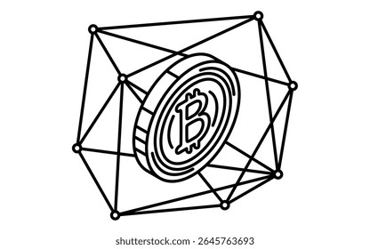 Criptomoeda e blockchain ícone de desenho de linha simples, ilustração isométrica de finanças digitais e sistema descentralizado, preto e branco, Ilustração Vetor