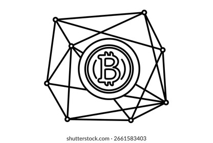 Criptomoeda e blockchain simples ícone de desenho de linha, ilustração de finanças digitais e sistema descentralizado, preto e branco, Ilustração Vetor