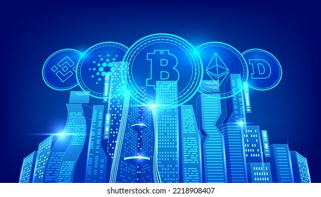 Cryptocurrency and blockchain with smart city. Digital city or futuristic city concept. vector illustration