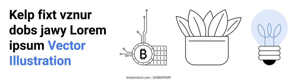 Criptomoeda símbolo blockchain, planta em vaso e bulbo com brotos. Ideal para tecnologia, finanças, inovação, sustentabilidade, crescimento, educação, temas de energia verde. Página inicial