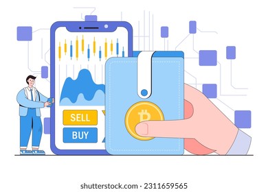 Cryptocurrency and Blockchain Technology Concept with a Person Trading Cryptocurrencies and Managing a Digital Wallet.