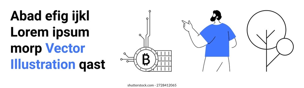 Criptomonedas, tecnología blockchain, finanzas descentralizadas, finanzas modernas, integración tecnológica, yuxtaposición de la naturaleza. Símbolo de Bitcoin con nodos de circuito, una persona apuntando y un diseño de árbol