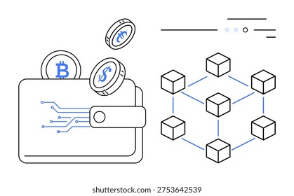 Cryptocurrency, blockchain technology, decentralized finance, digital wallets, fintech, secure transactions. Digital wallet with cryptocurrency coins and blockchain network. Cryptocurrency