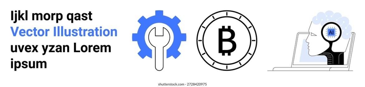 Criptomoeda, blockchain, desenvolvimento de tecnologia, resolução de problemas, inovação digital, fintech. Engrenagem com uma chave inglesa, Bitcoin ícone perfil humano com engrenagens. Blockchain e desenvolvimento tecnológico