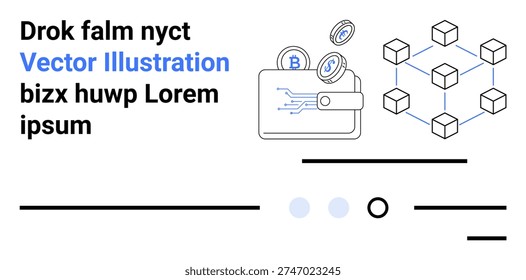 Cryptocurrency, blockchain technology, digital finance, secure transactions, blockchain integration, electronic currency. Digital wallet with coins and blockchain network icon. Cryptocurrency