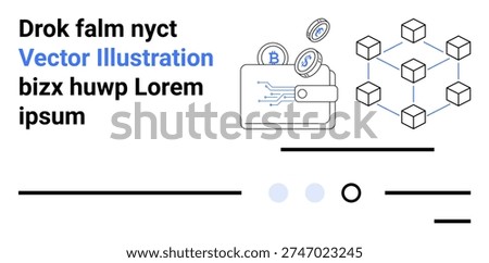 Cryptocurrency, blockchain technology, digital finance, secure transactions, blockchain integration, electronic currency. Digital wallet with coins and blockchain network icon. Cryptocurrency