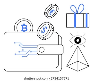 Criptomoeda, tecnologia blockchain, pagamentos digitais, transações online, segurança financeira, economia moderna. Carteira digital com Bitcoin, símbolos de contrato inteligente e elementos conceituais