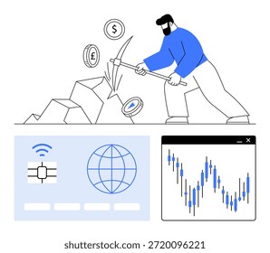 Criptomonedas, tecnología blockchain, análisis financiero, economía digital, inversión, monitoreo de datos. Persona minando monedas con gráficos e iconos digitales. Criptomonedas y tecnología blockchain