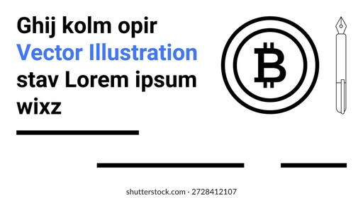Criptomonedas, tecnología blockchain, conceptos financieros, pago digital, innovación fintech, diseño minimalista. Símbolo de Bitcoin en un círculo junto a un icono de pluma. Criptomonedas y blockchain