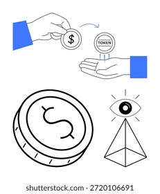 Criptomonedas, tecnología blockchain, intercambio financiero, billetera digital, activos virtuales, finanzas descentralizadas. Mano intercambiando moneda con texto TOKEN, pirámide con un ojo. Criptomoneda