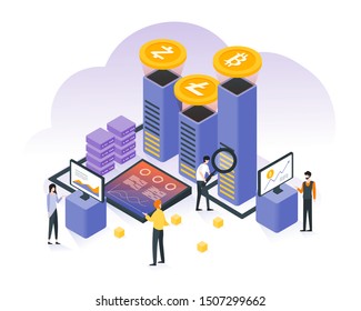 Cryptocurrency and blockchain technology in flat isometric with bitcoin, litecoin, zcash, analyst, people and statistics illustration. Digital money currency concept