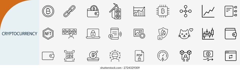 criptomoeda e tecnologia blockchain ícones, mineração de dinheiro digital, vetor de linha preta
